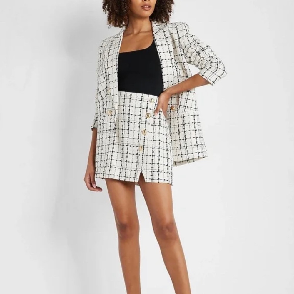 EXPRESS Plaid Tweed Boyfriend Blazer & High Waisted Button Mini Skirt Suit Set 6 - Picture 2 of 5